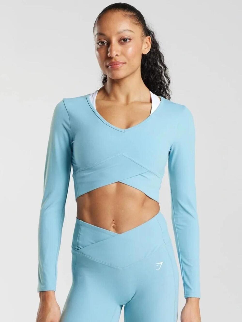 Gymshark Crossover Iceberg Blue Long Sleeve Crop Top - Size S